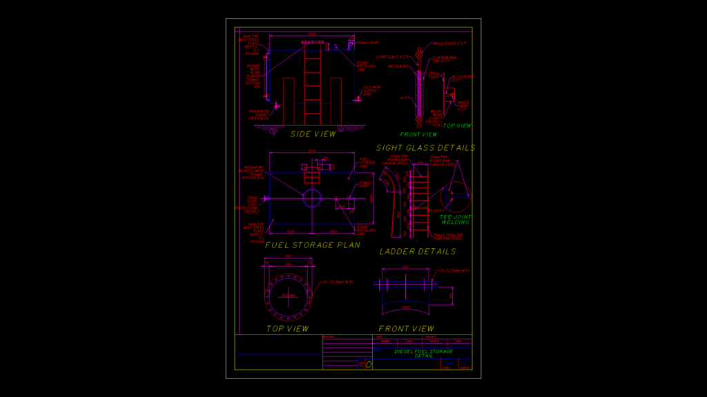 Diesel Fuel Storage Tank Detail Drawing with Sight Glass & Ladder