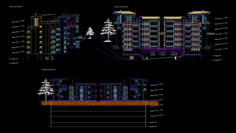 Multi-Facade Elevation Drawing of 7-Story Apartment Building