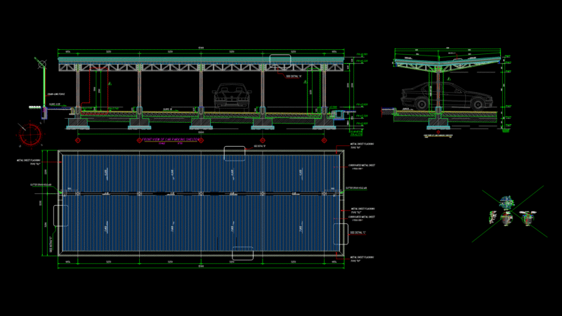 Multi-Bay Car Parking Shelter Section Detail with Steel truss System