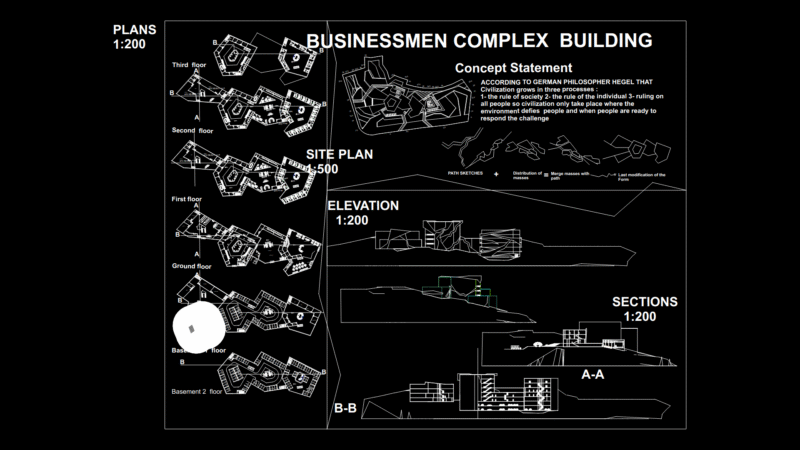 Multi-Level Businessmen complex Building Plans with Sections