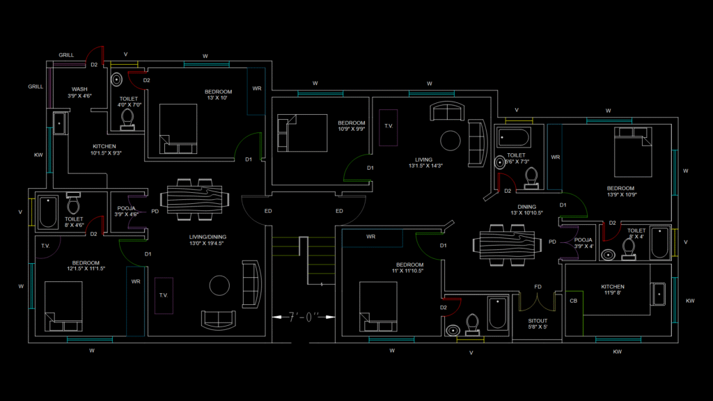 Multi-Unit Residential Floor Plan with Pooja Rooms and Wardrobe Spaces