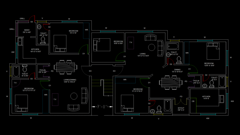Multi-Unit Residential Floor Plan with Pooja Rooms and Wardrobe Spaces
