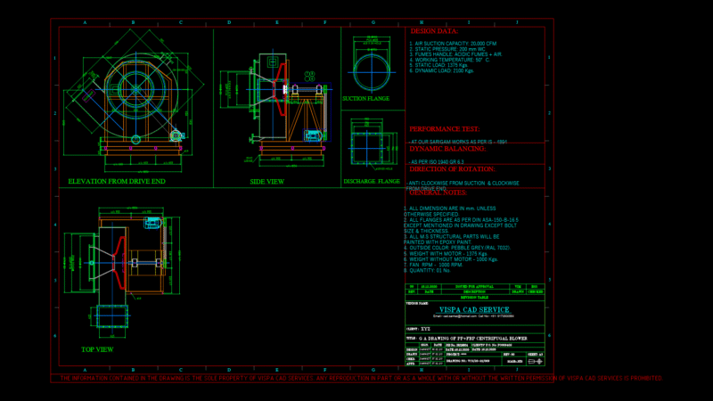 PP+FRP centrifugal Blower Assembly Drawing with 50HP Motor Drive