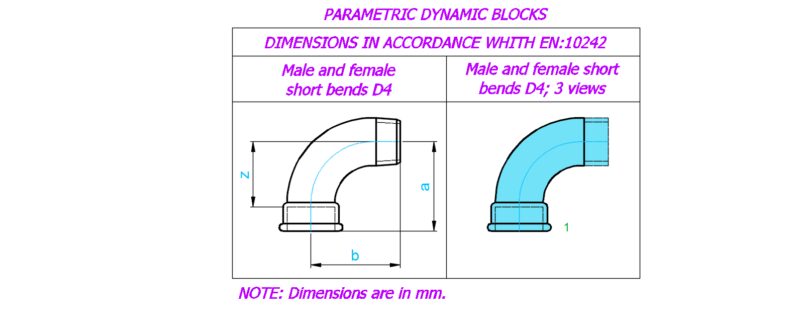 Male and female short bends D4; Sizes- ¼”- 2″; 3 views