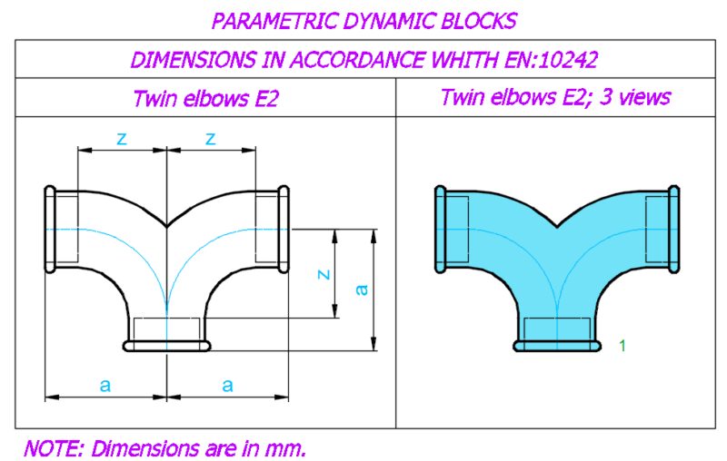 Twin elbows E2; Sizes – ⅜”- 2″; 3 views
