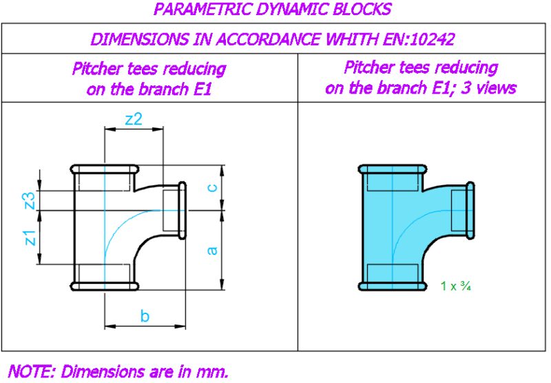 Pitcher tees reducing on the branch E1; Sizes – ¾” x ½” – 2″x 1½” ; 3 views