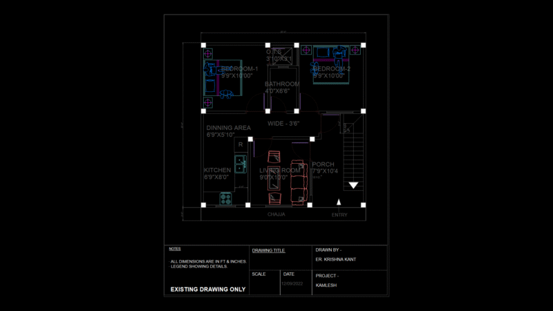20×20 ft Residential Small House Floor Plan with Porch