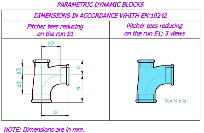 Pitcher tees reducing on the run E1; Sizes – ¾” x ¾” x ½”; 3 views