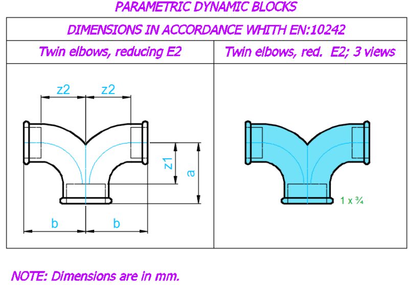 Twin elbows, reducing E2; Sizes – ¾” x ½”-2 x 1½”; 3 views
