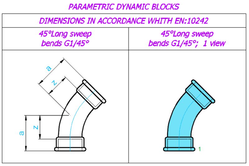 45°Long sweep bends G1/45°; Sizes – ⅜”- 3″; 1 view