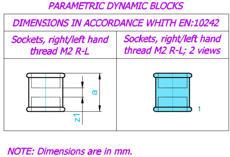 Sockets, right/left hand thread M2 R-L; Sizes – ⅛”- 6″; 2 views
