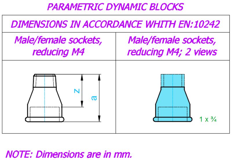 Male/female sockets, reducing M4; Sizes – ⅜”x ¼” – 2 x 1½”; 2 views