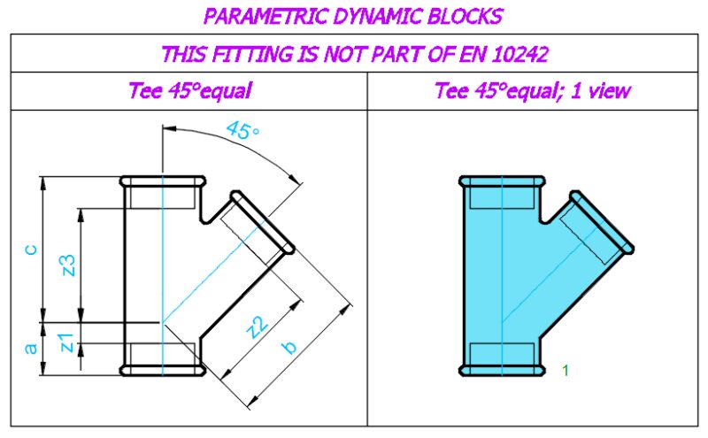 Tee 45°equal; Sizes – ⅜”- 2″; 1 view