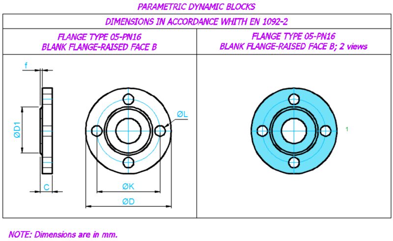 FLANGE TYPE 05-PN16 BLANK FLANGE-RAISED FACE B; 2 views; Sizes – ⅜”- 6″