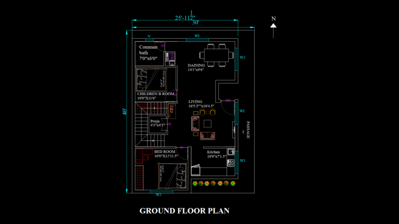 North-Facing 2BHK Residential Floor Plan with Pooja Room