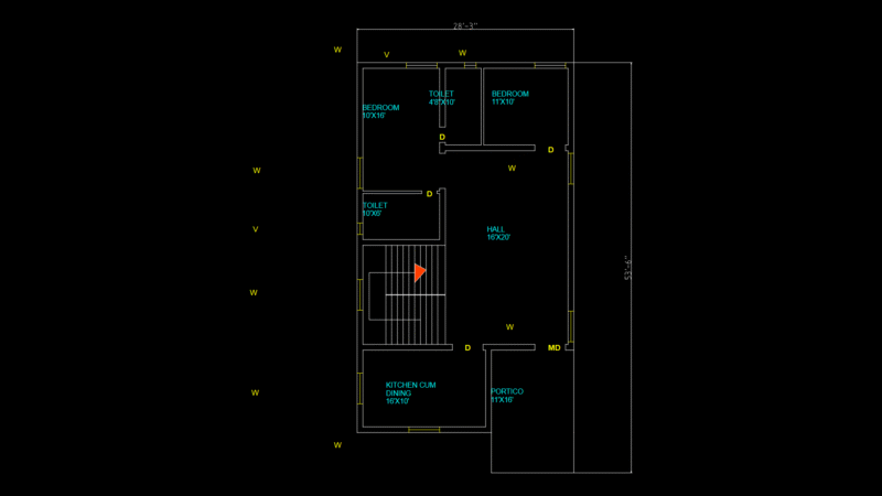 2 Bedroom House Floor Plan with Portico and Open Hall Design