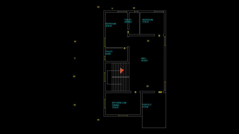 Two-Bedroom Residential Floor Plan with Portico & Central Hall
