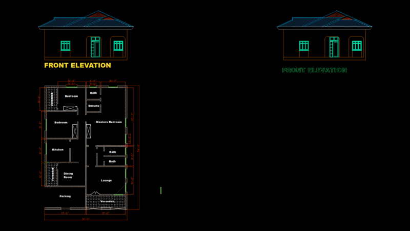 Single-Story 3-Bedroom Residential Home Plan and Elevation