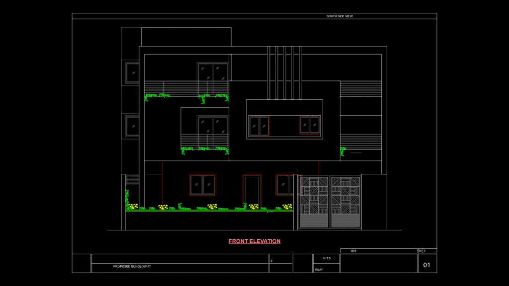 South Facing Front Elevation Drawing of Modern Three-Story Bungalow