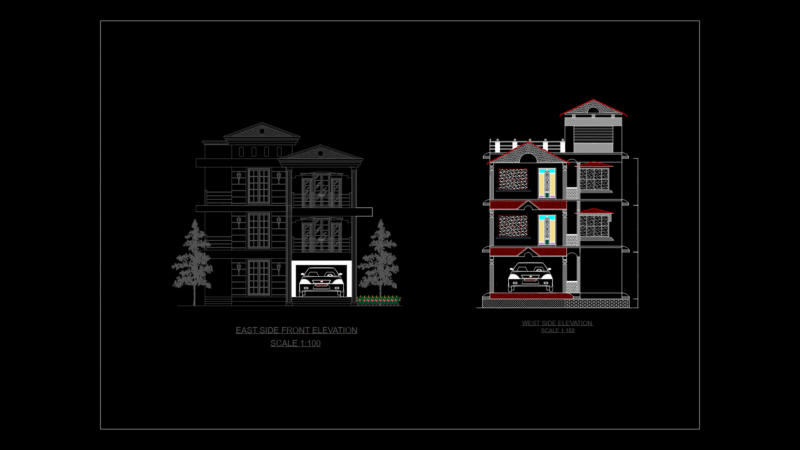 Three-Story Residential Elevation Drawing with Ground Floor Garage
