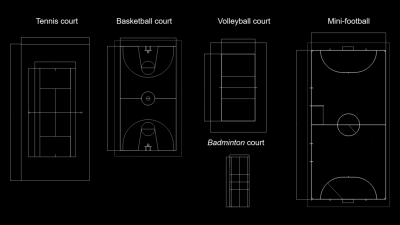 Sports Court Layout Plan with dimensional Specifications