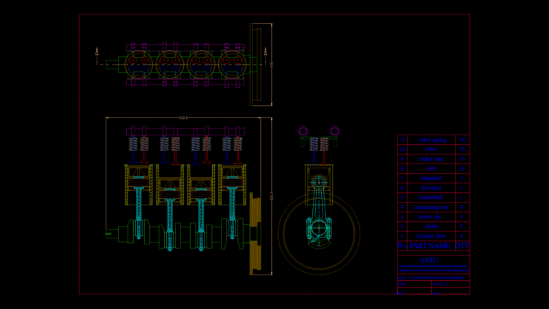 4-Cylinder Internal combustion Engine Assembly Technical Drawing