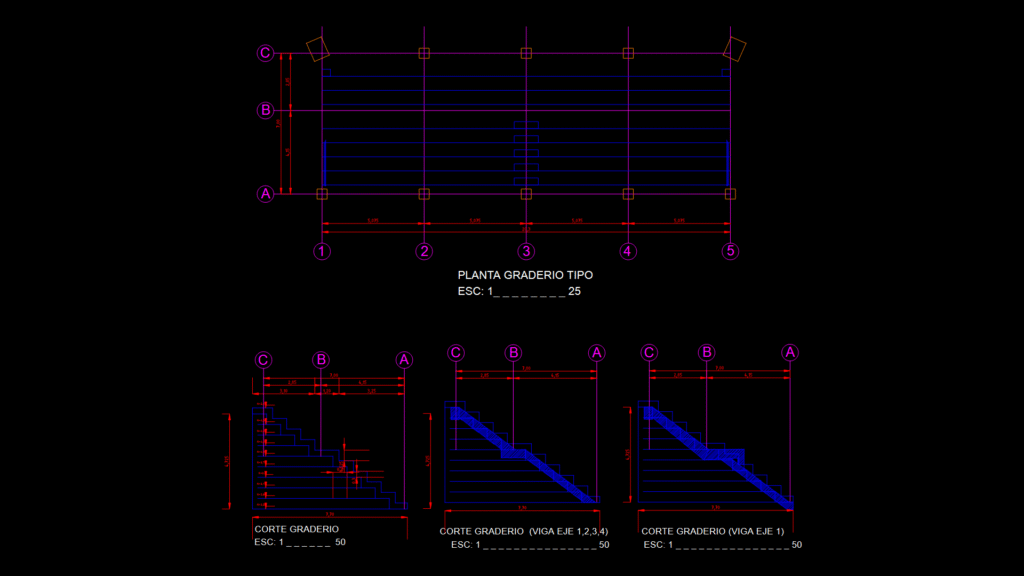 Stadium bleacher System Plan and Sections with Structural Grid