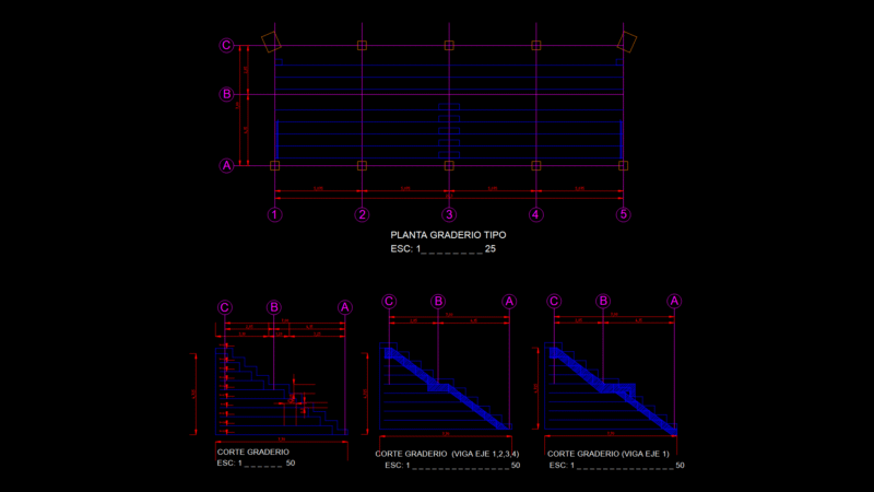 Stadium bleacher System Plan and Sections with Structural Grid