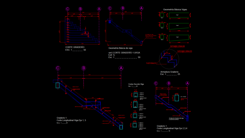 Reinforced Concrete Stadium Bleacher Section Details with beam Geometry