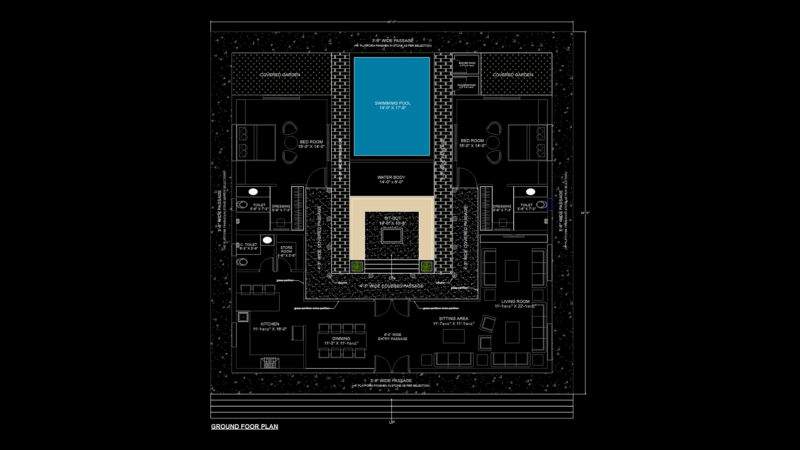 Luxury Farmhouse Ground floor Plan with Central Pool Layout
