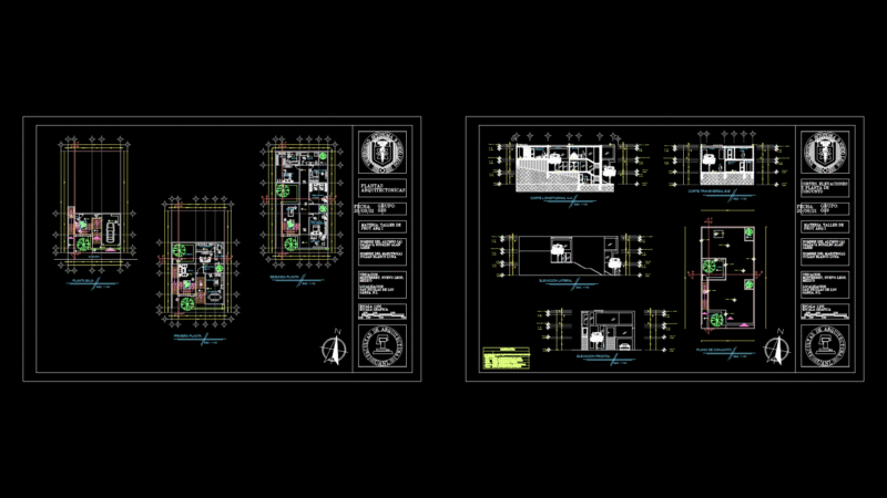 Multi-Level Residential Floor Plans and Sections with Grid System