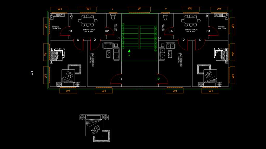 Residential Duplex Floor Plan with Mirror-Image 2BHK Layout