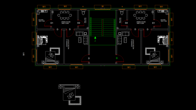 Residential Duplex Floor Plan with Mirror-Image 2BHK Layout