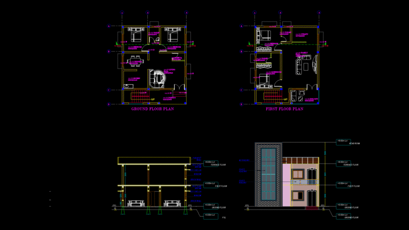 Three-Story Residential House Plans with section and Elevation