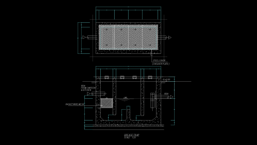 Commercial Kitchen Grease Trap section Detail with Steel Cover