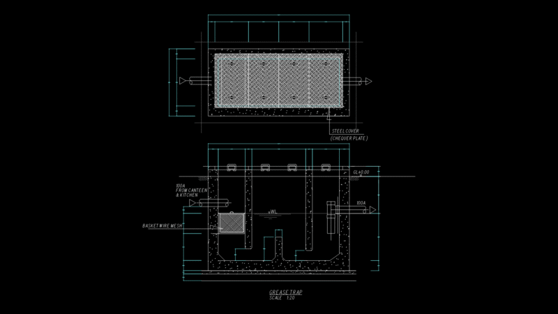 Commercial Kitchen Grease Trap section Detail with Steel Cover