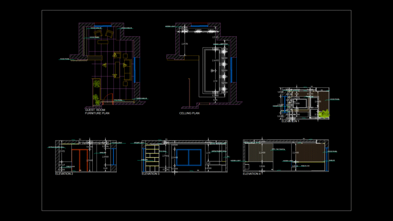 Guest Room Interior Plan with Furniture Layout and Wall Elevations