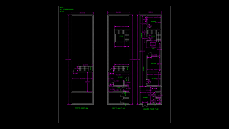 Narrow Three-Story Residential Floor Plan with Interior Staircase