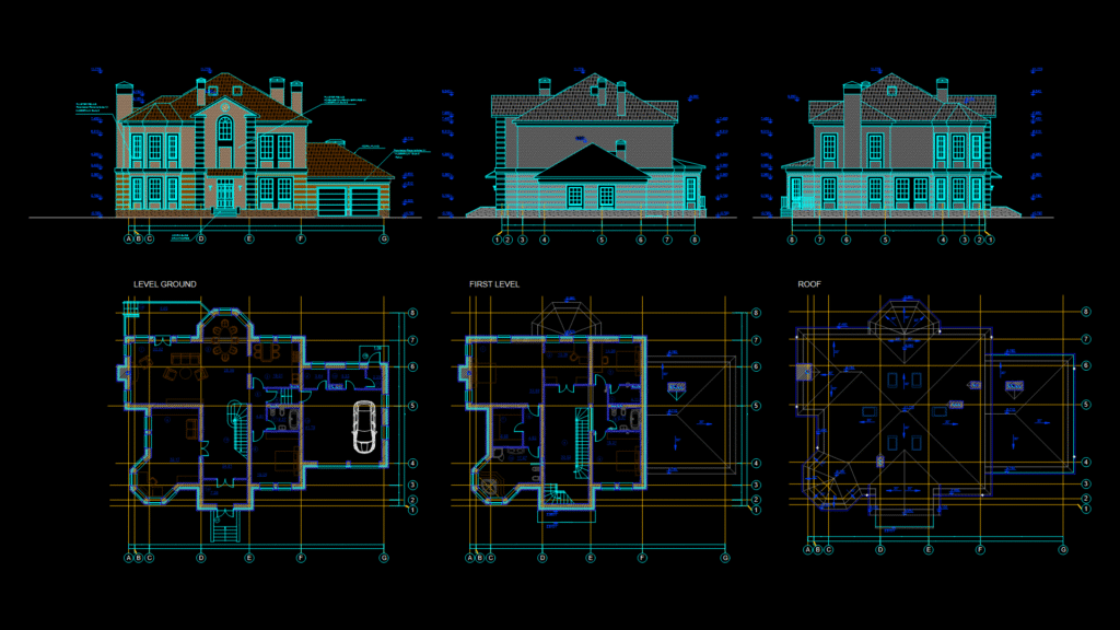 Two-Story Residential Villa Floor plans with Multiple Elevations