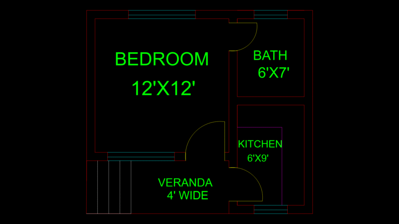Compact Studio Apartment Floor Plan with 4′ Veranda Access