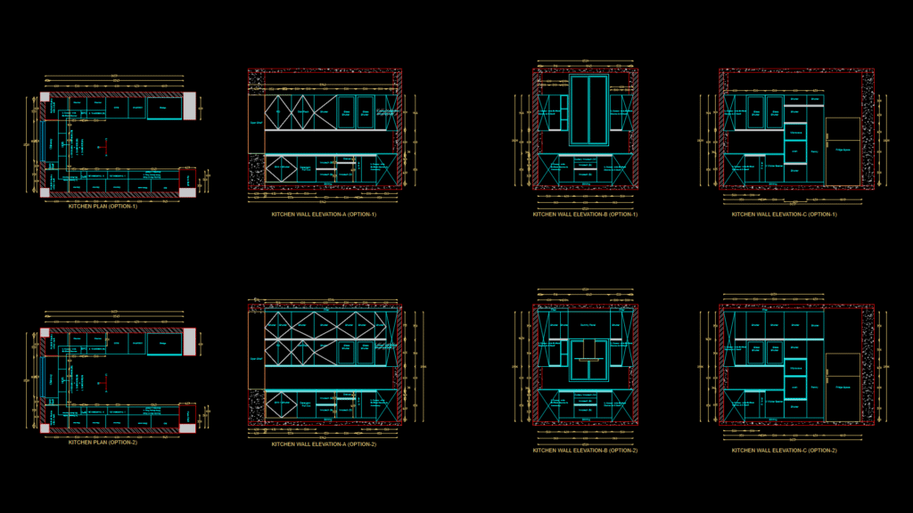 Residential Kitchen Plan and Wall Elevations with Storage Solutions