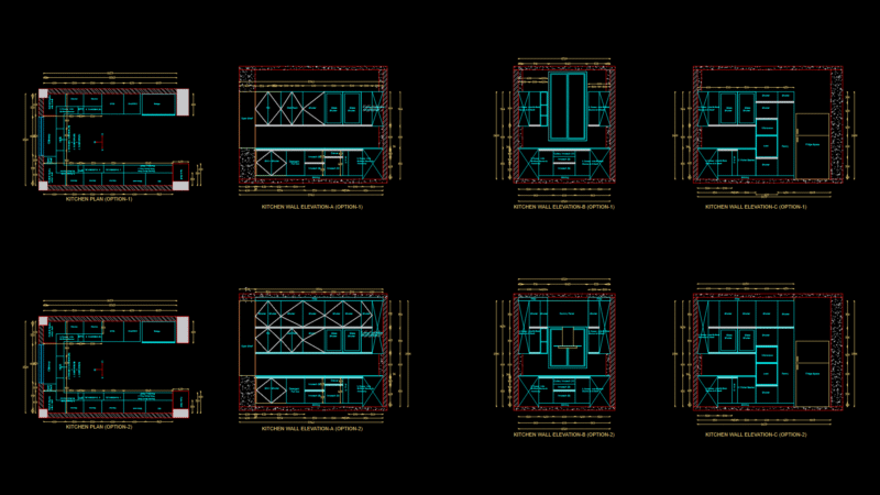 Residential Kitchen Plan and Wall Elevations with Storage Solutions
