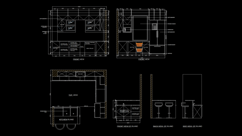 L-Shaped Kitchen Cabinet Elevation with Island and Storage Systems