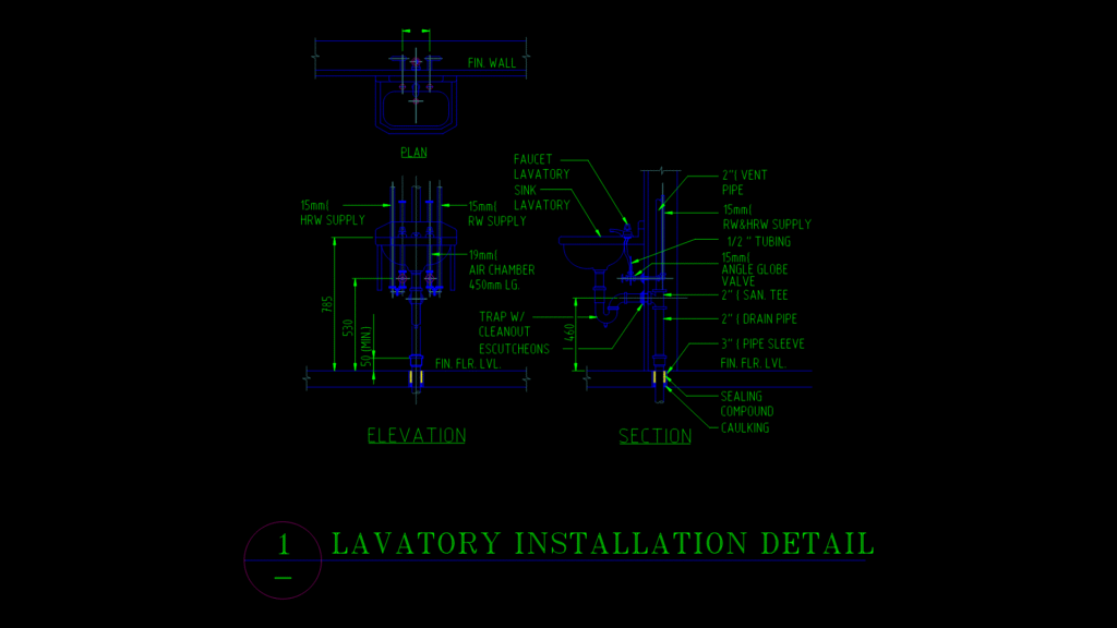 Wall-Mounted Lavatory Plumbing Detail with Supply & Waste Systems