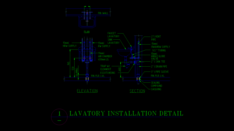 Wall-Mounted Lavatory Plumbing Detail with Supply & Waste Systems