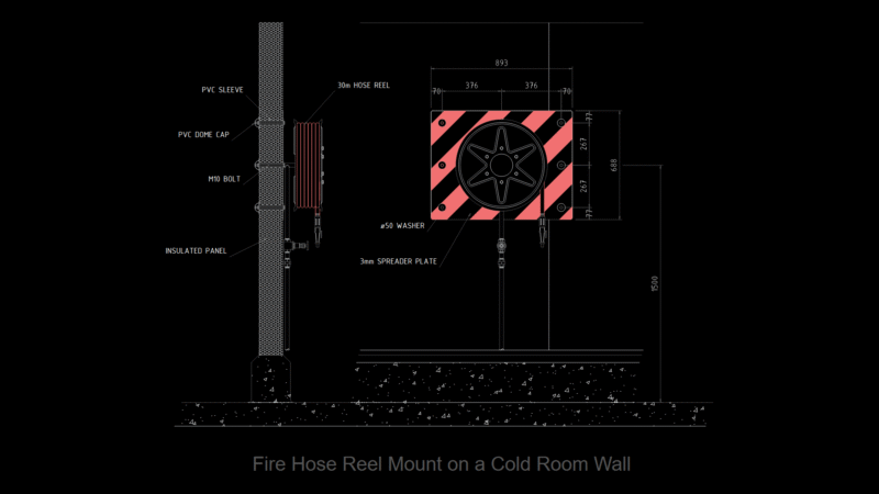 Fire Hose Reel detail: Cold Room Wall Mounting System with PVC Sleeve