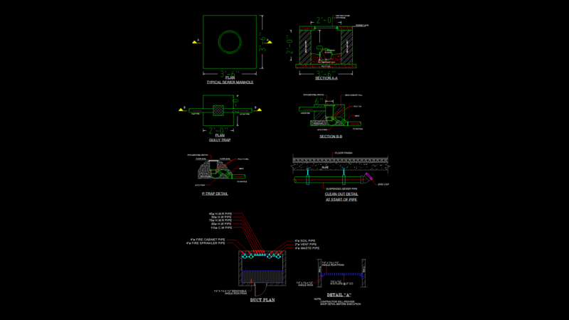 Plumbing System Detail Sheet: Manholes, Traps, and Duct Sections