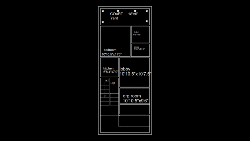 Narrow Row House Floor Plan with Courtyard and Stairwell Layout