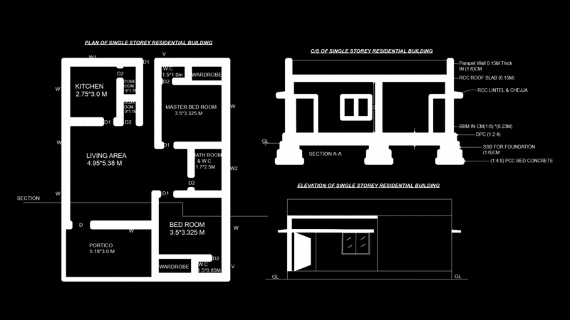 Single Storey Residential Building Plan with Structural Details