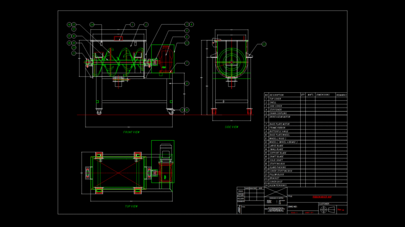 4HP Industrial Ribbon Mixer Assembly Drawing with Gearmotor Drive
